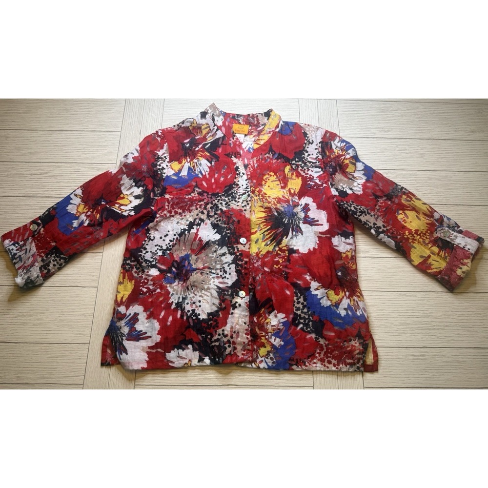 RUBY‎ RD Top Sz 14 Floral Semi-Sheer Roll Tab Sleeves Button Down Blouse Womens